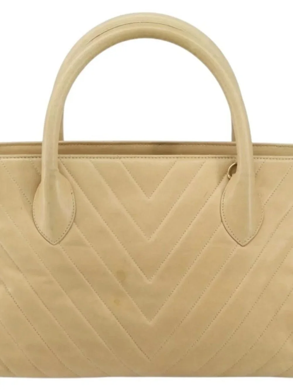 CHANEL V Stitch Hand Bag Leather Beige Gold CC Auth BA9348